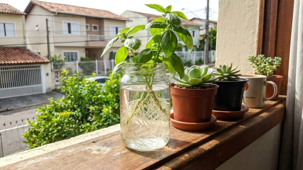 10 temperos que enraízam direto na água e ainda facilitam o cultivo orgânico em potes de vidro reaproveitados na janela