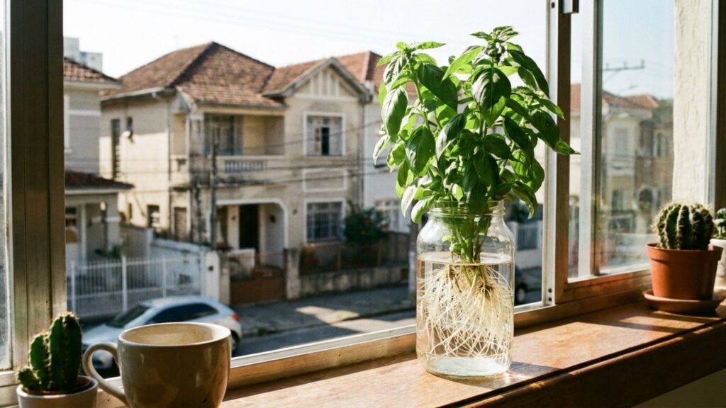 10 temperos que enraízam direto na água e ainda facilitam o cultivo orgânico em potes de vidro reaproveitados na janela