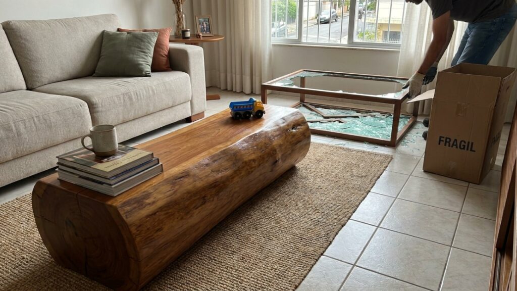 Adeus às mesinhas de centro de vidro frágil: a tendência minimalista para renovar a sala usando blocos de madeira rústica
