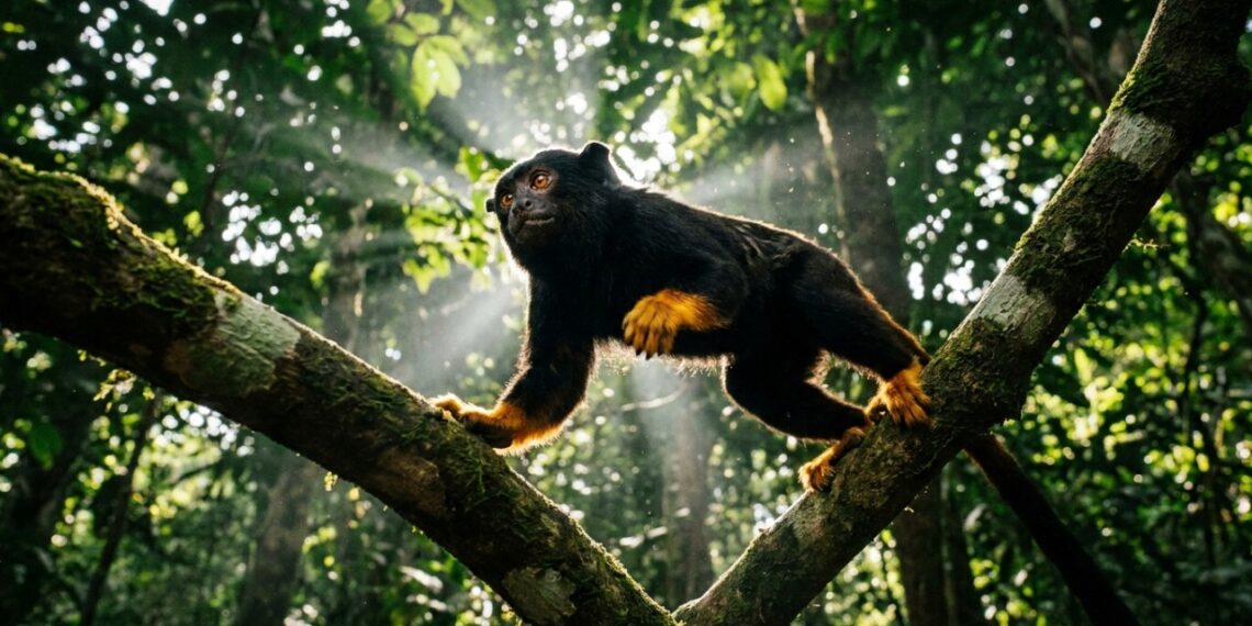 O intrigante sagui-de-mãos-douradas, famoso pelos estudos de vida selvagem por suas mãos alaranjadas e por sua surpreendente cooperação familiar na selva amazônica