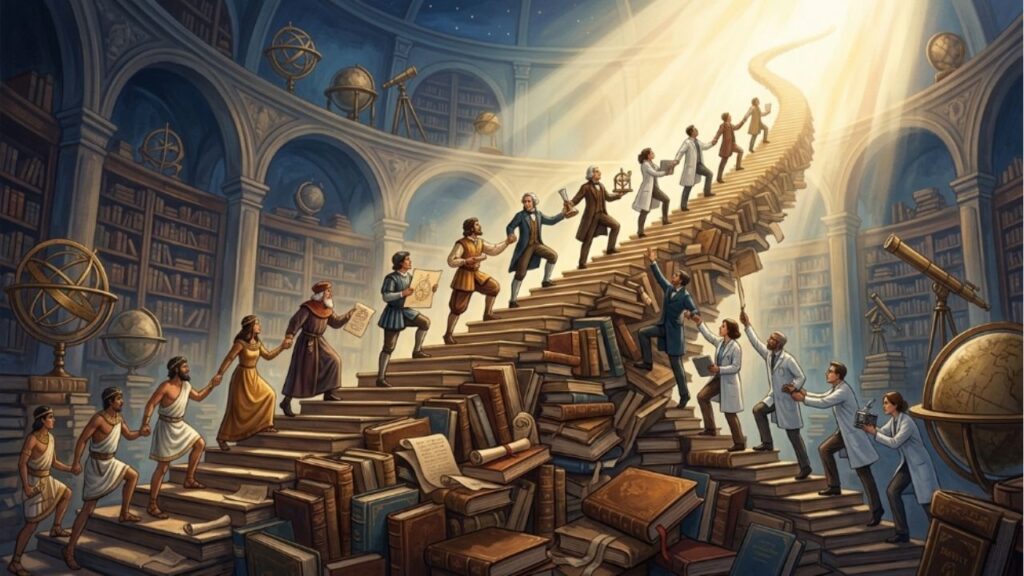 Isaac Newton, ao comentar como suas imensas descobertas científicas dependiam dos pensadores que vieram antes dele, disse: "Se vi mais longe, foi por estar de pé sobre ombros de gigantes."