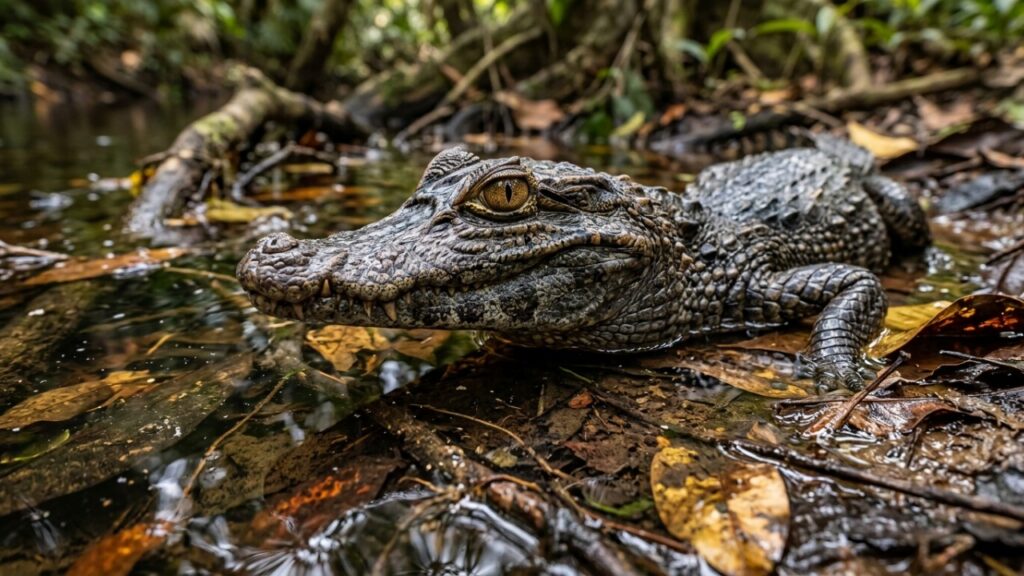 O jacaré-anão-da-Amazônia ganhou notoriedade em estudos de vida selvagem devido à sua capacidade de dominar igarapés estreitos e desafiar o monitoramento ambiental
