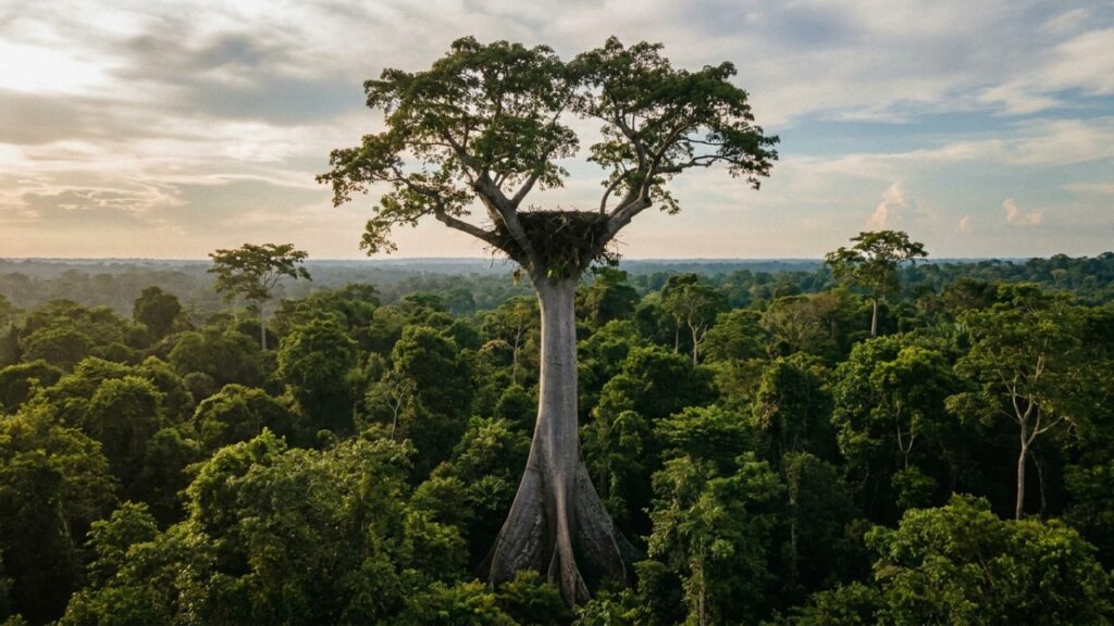 A engenharia biológica do gavião-real que virou destaque na Amazônia porque além de erguer ninhos de até uma tonelada utiliza galhos de árvores emergentes específicas