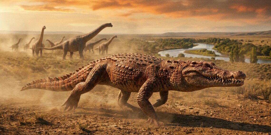 Este jacaré pré-historico gigante que viveu nos rios na época dos dinossauros e deixou fósseis que mostram como ele caçava grandes presas sem sofrer ameaças de outros predadores
