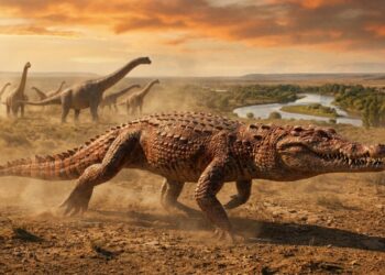 Este jacaré pré-historico gigante que viveu nos rios na época dos dinossauros e deixou fósseis que mostram como ele caçava grandes presas sem sofrer ameaças de outros predadores