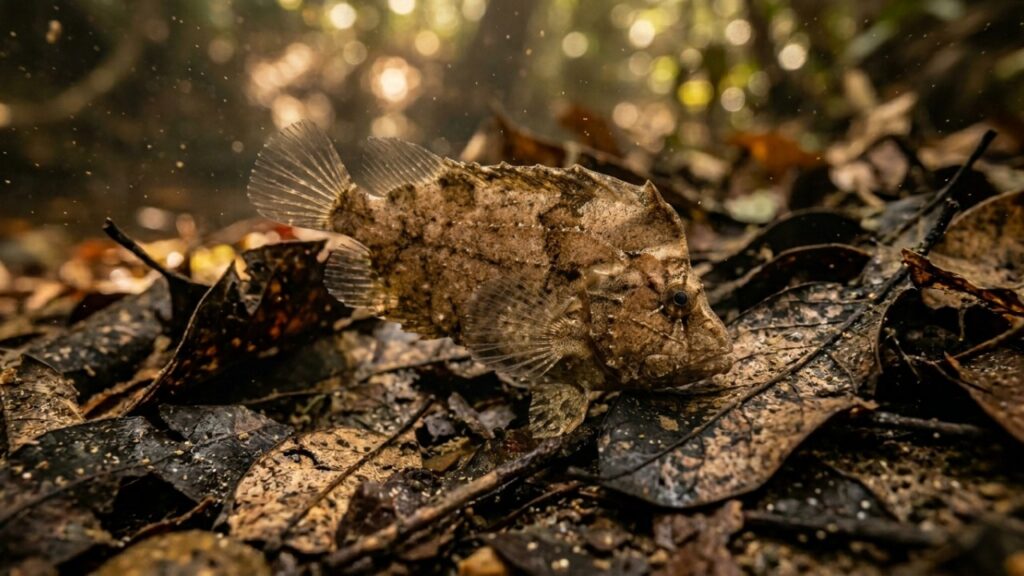 O peixe-folha ganhou notoriedade nos estudos de vida selvagem, pois, apesar de parecer uma folha morta imóvel, consegue capturar pequenas presas por sucção nos igarapés da região amazônica
