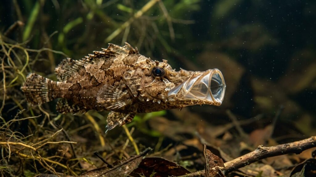 O peixe-folha ganhou notoriedade nos estudos de vida selvagem, pois, apesar de parecer uma folha morta imóvel, consegue capturar pequenas presas por sucção nos igarapés da região amazônica