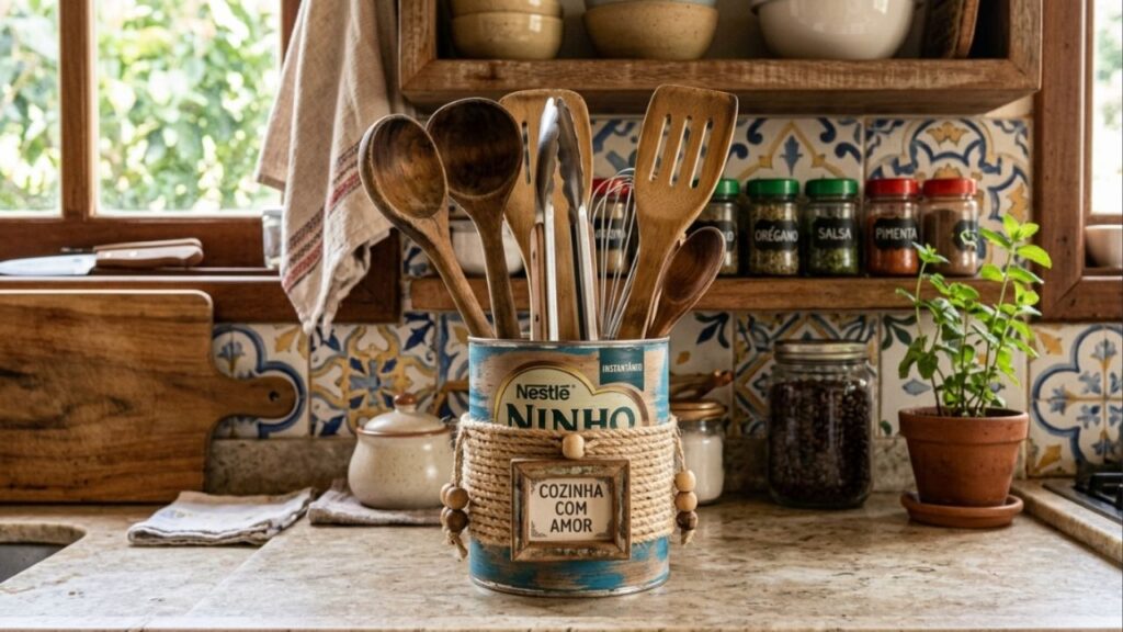 Não jogue latas de leite em pó vazias fora! Ideias para reutilizar essas embalagens como organizadores rústicos de talheres grandes na bancada da cozinha