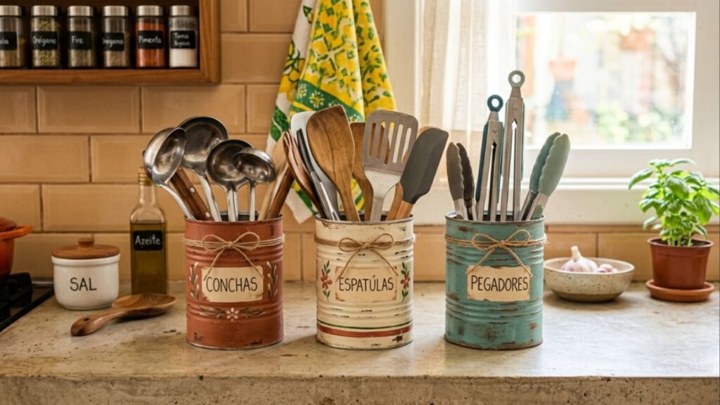 Não jogue latas de leite em pó vazias fora! Ideias para reutilizar essas embalagens como organizadores rústicos de talheres grandes na bancada da cozinha