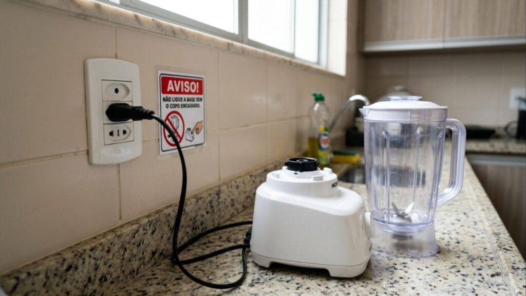 O que deve ser colocado primeiro na tomada, o plugue do liquidificador ou a jarra na base, para evitar danos elétricos e desgaste no encaixe das lâminas?