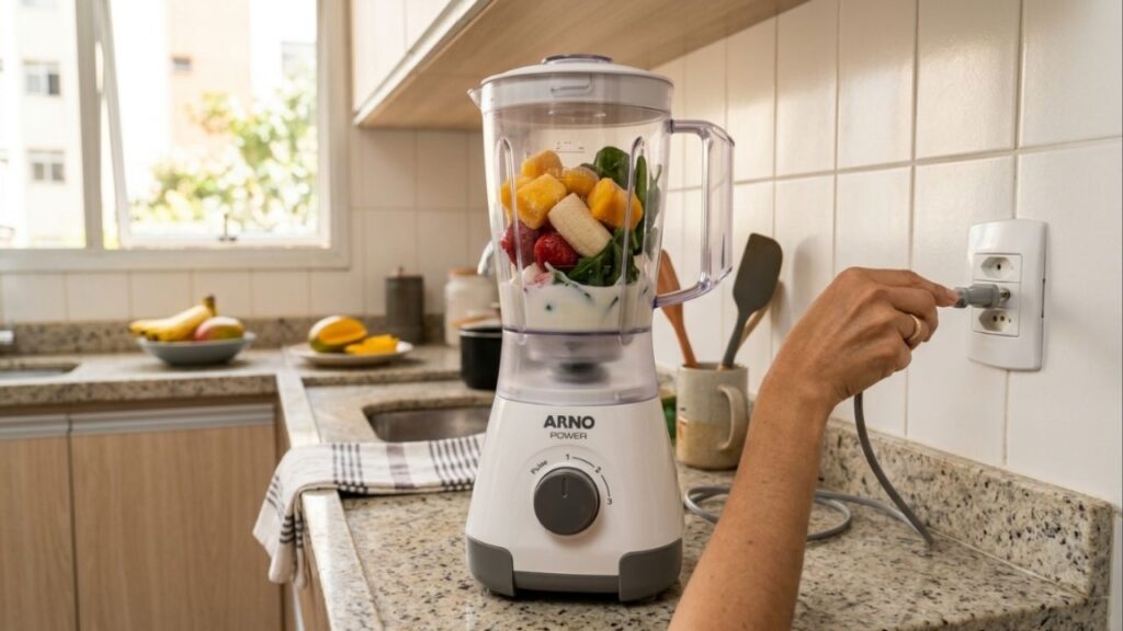 O que deve ser colocado primeiro na tomada, o plugue do liquidificador ou a jarra na base, para evitar danos elétricos e desgaste no encaixe das lâminas?