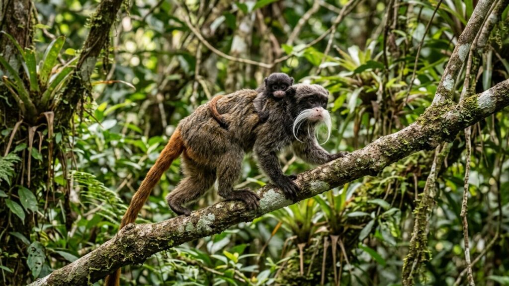 O intrigante sagui-imperador, famoso pelos estudos de vida selvagem por seus bigodes exuberantes e por sua surpreendente criação coletiva de filhotes na selva amazônica