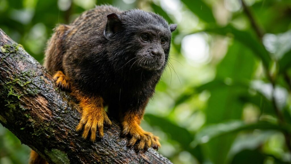 O intrigante sagui-de-mãos-douradas, famoso pelos estudos de vida selvagem por suas mãos alaranjadas e por sua surpreendente cooperação familiar na selva amazônica