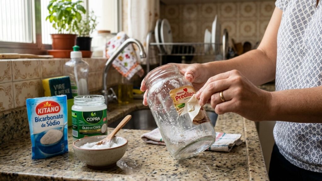 Mistura de óleo de coco com bicarbonato de sódio: para que serve e por que é recomendada para tirar restos de etiquetas coladas