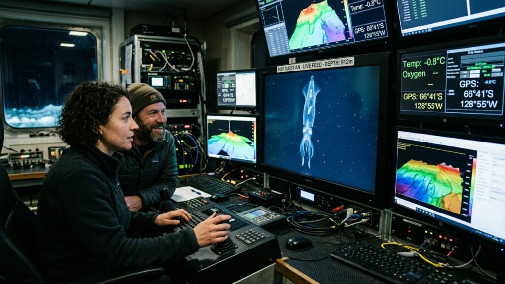 Cientistas descobriram que a quebra de um iceberg na Antártida revelou uma espécie rara de lula de vidro tão transparente que seus órgãos internos ficam visíveis no escuro