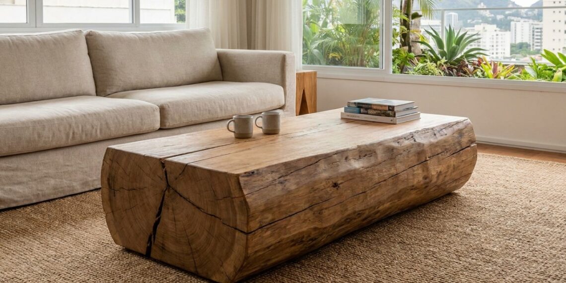 Adeus às mesinhas de centro de vidro frágil: a tendência minimalista para renovar a sala usando blocos de madeira rústica