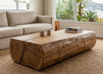 Adeus às mesinhas de centro de vidro frágil: a tendência minimalista para renovar a sala usando blocos de madeira rústica