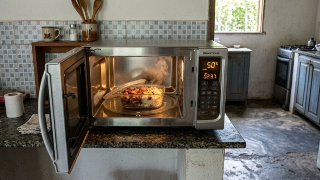 O que deve ser programado primeiro, o tempo de aquecimento ou a potência do micro-ondas, para evitar danos elétricos e garantir que o alimento não queime por fora?