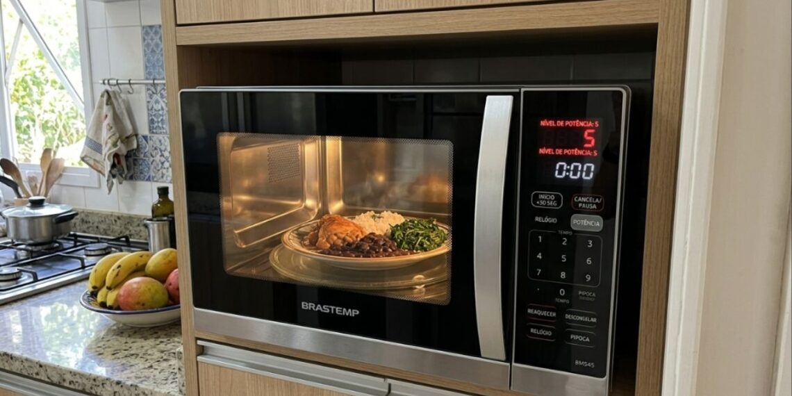 O que deve ser programado primeiro, o tempo de aquecimento ou a potência do micro-ondas, para evitar danos elétricos e garantir que o alimento não queime por fora?