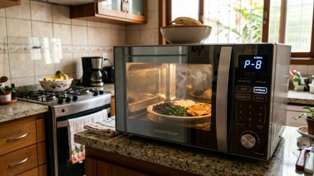 O que deve ser programado primeiro, o tempo de aquecimento ou a potência do micro-ondas, para evitar danos elétricos e garantir que o alimento não queime por fora?