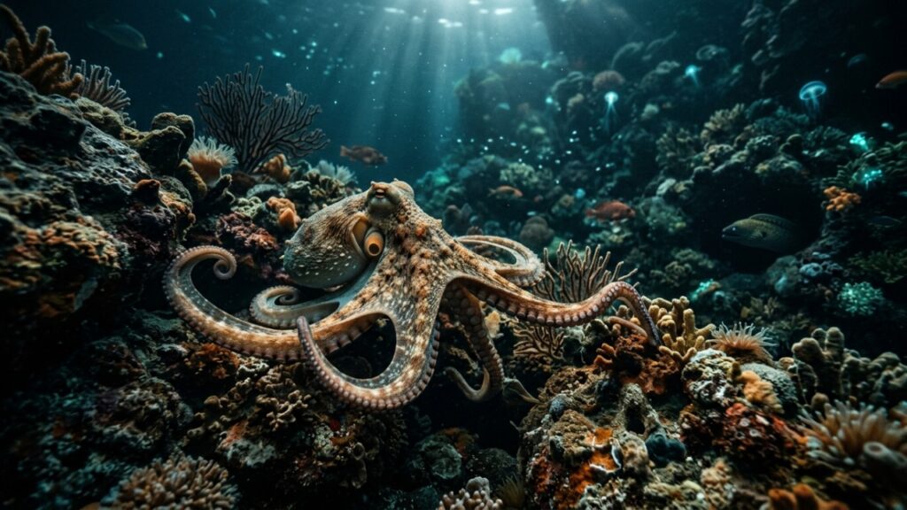 O polvo que virou destaque na biologia marinha porque além de possuir nove cérebros e três corações consegue fazer cada braço decidir e reagir sozinho