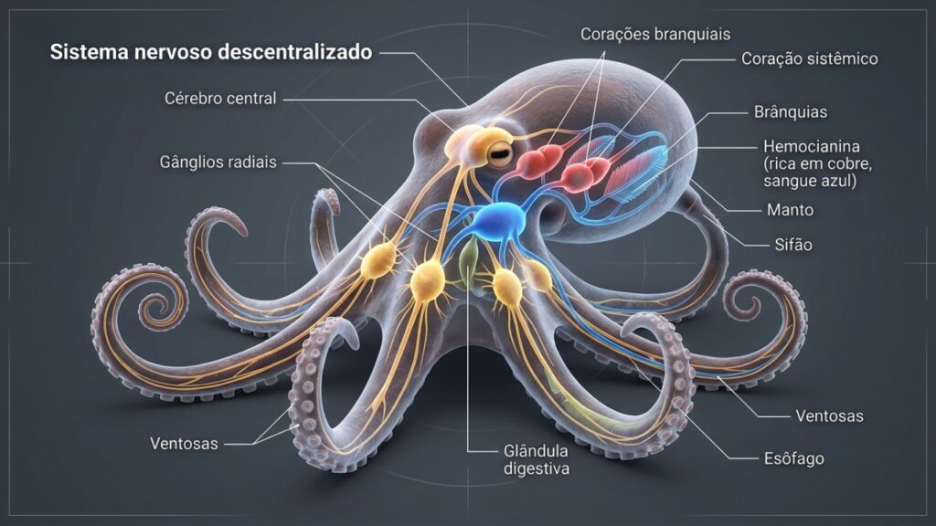 O polvo que virou destaque na biologia marinha porque além de possuir nove cérebros e três corações consegue fazer cada braço decidir e reagir sozinho