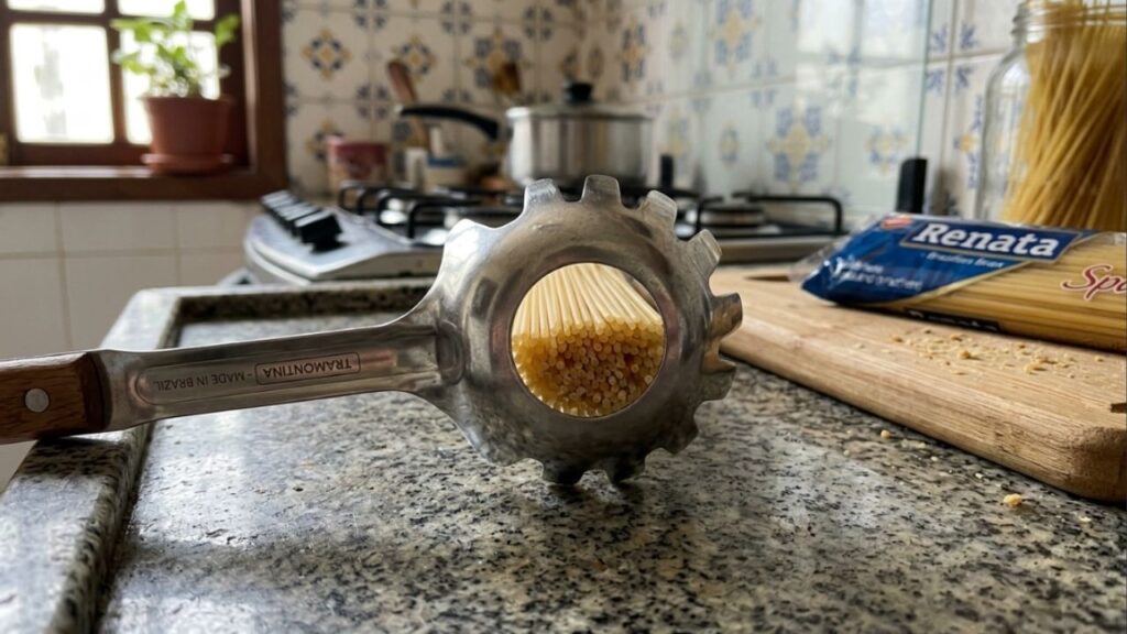 Para que serve o furo central na concha de pegar macarrão que a maioria das pessoas ignora na hora de cozinhar?