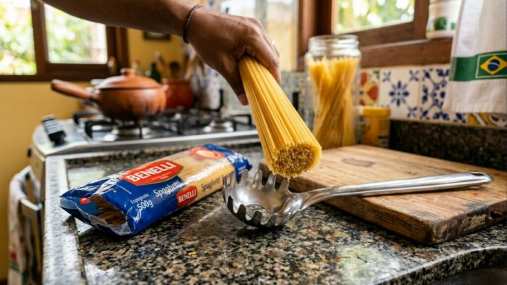 Para que serve o furo central na concha de pegar macarrão que a maioria das pessoas ignora na hora de cozinhar?