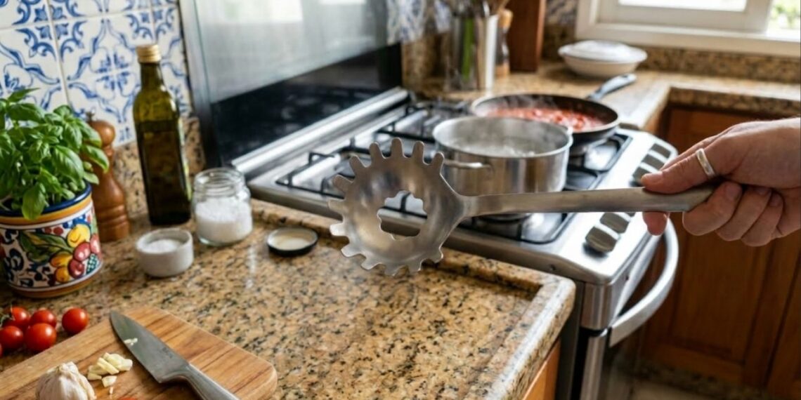 Para que serve o furo central na concha de pegar macarrão que a maioria das pessoas ignora na hora de cozinhar?