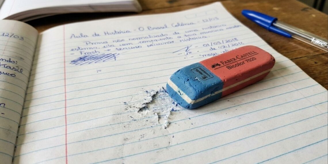 Para que serve a parte azul da borracha escolar clássica, já que ela geralmente rasga a folha do caderno em vez de apagar a caneta?
