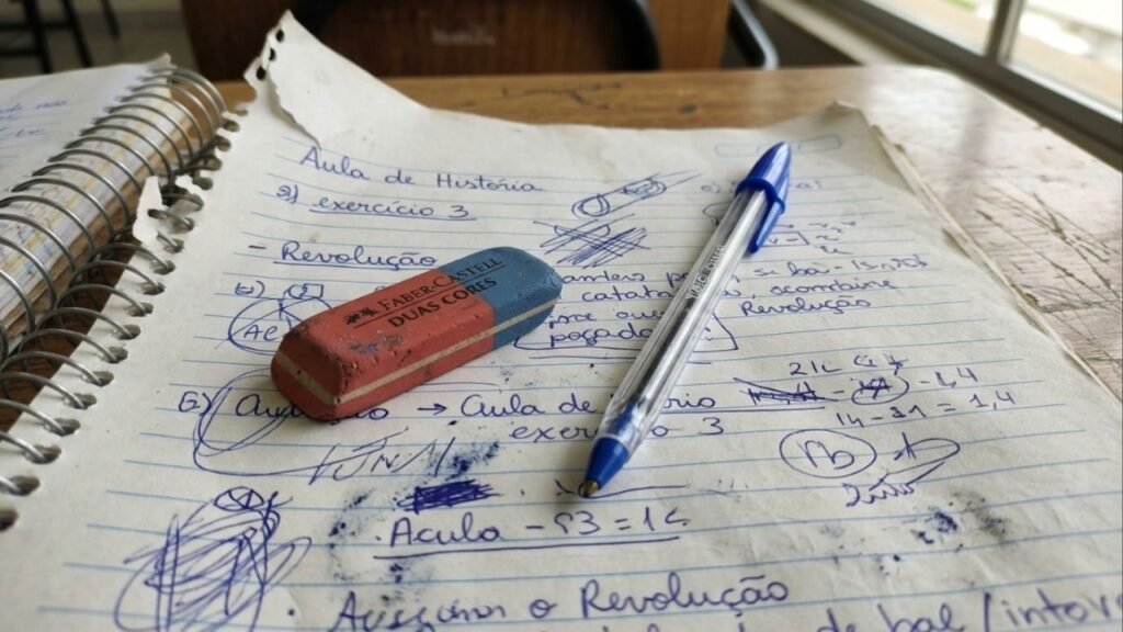Para que serve a parte azul da borracha escolar clássica, já que ela geralmente rasga a folha do caderno em vez de apagar a caneta?