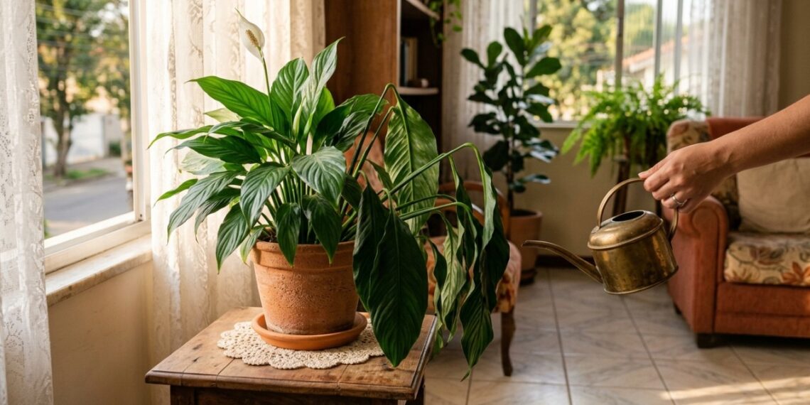 O lírio-da-paz de folhas brilhantes que virou moda porque além de ser elegante na sala, abaixa as folhas quando precisa de água