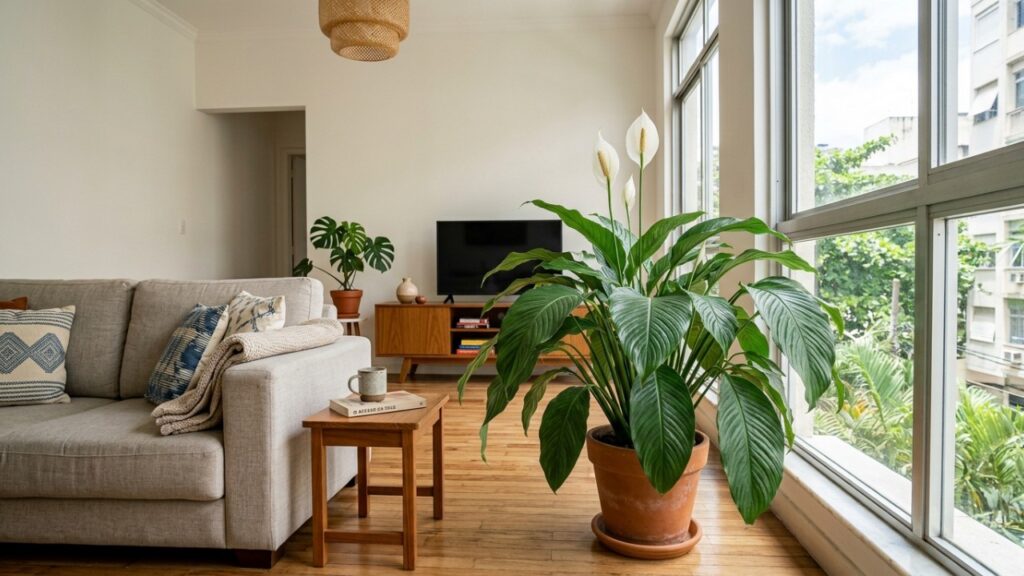 O lírio-da-paz de folhas brilhantes que virou moda porque além de ser elegante na sala, abaixa as folhas quando precisa de água