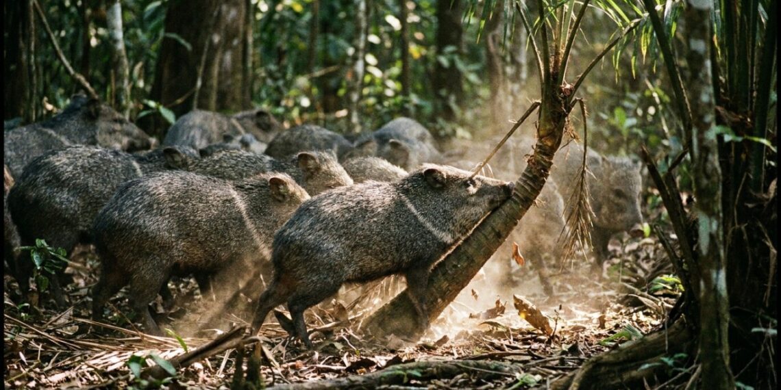 Estes bandos coordenados de caititus que viraram destaque na Amazônia porque além de unirem forças utilizam técnicas de impacto corporal para derrubar palmeiras jovens