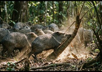 Estes bandos coordenados de caititus que viraram destaque na Amazônia porque além de unirem forças utilizam técnicas de impacto corporal para derrubar palmeiras jovens