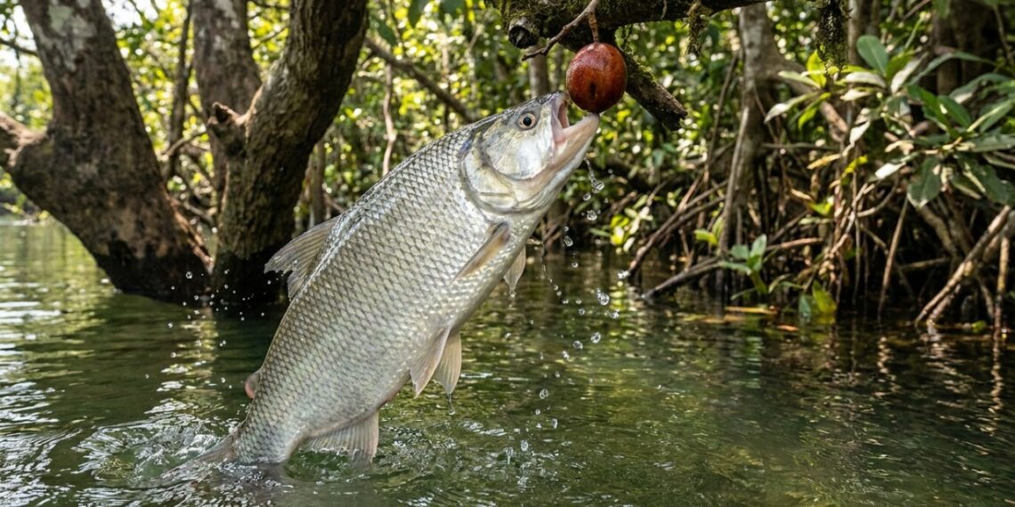 O peixe matrinxã encontrado nos rios da Amazônia que surpreende ao saltar fora d'água para conseguir alcançar frutos diretamente nas árvores