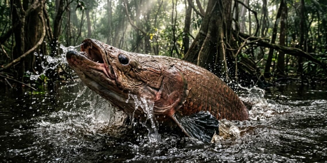 Este peixe gigante pirarucu que virou destaque entre biólogos porque além de habitar lagos rasos da Amazônia consegue utilizar a bexiga natatória como pulmão modificado