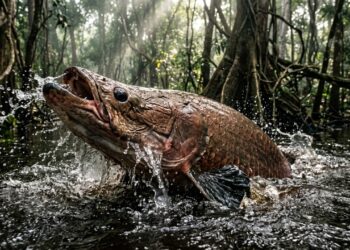 Este peixe gigante pirarucu que virou destaque entre biólogos porque além de habitar lagos rasos da Amazônia consegue utilizar a bexiga natatória como pulmão modificado