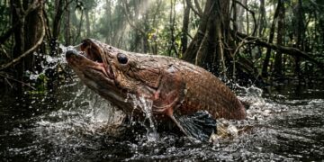 Este peixe gigante pirarucu que virou destaque entre biólogos porque além de habitar lagos rasos da Amazônia consegue utilizar a bexiga natatória como pulmão modificado
