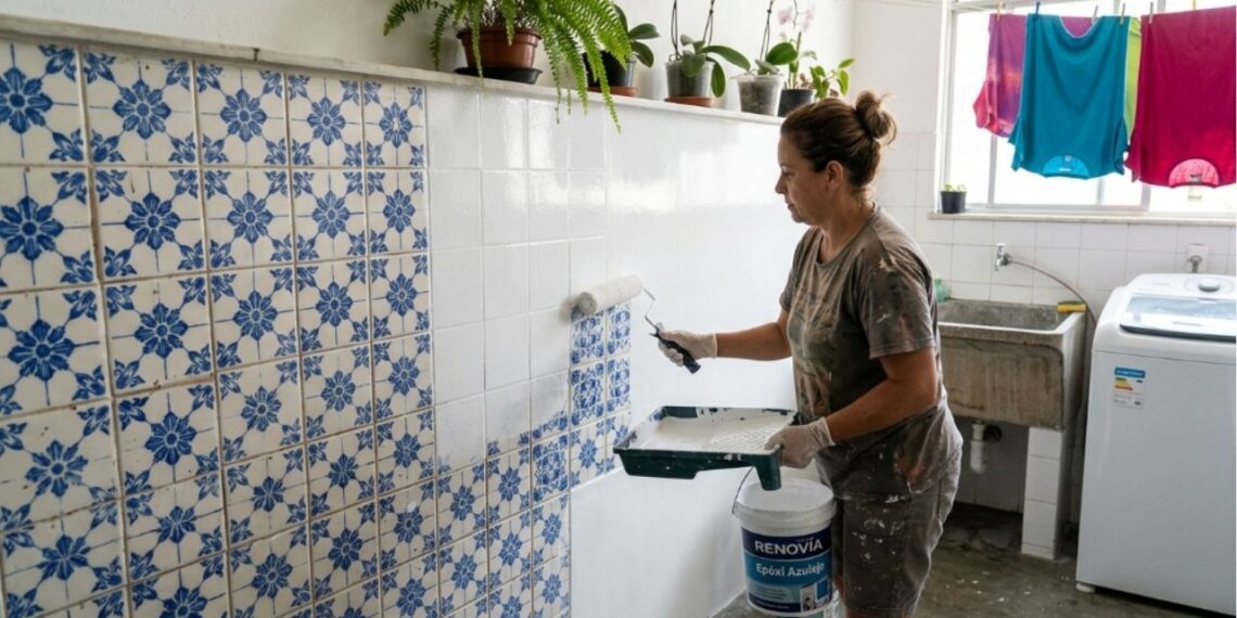 Adeus aos azulejos antigos com estampa colonial na parede da lavanderia: o acabamento liso com tinta epóxi que está tomando o lugar nas reformas de 2026