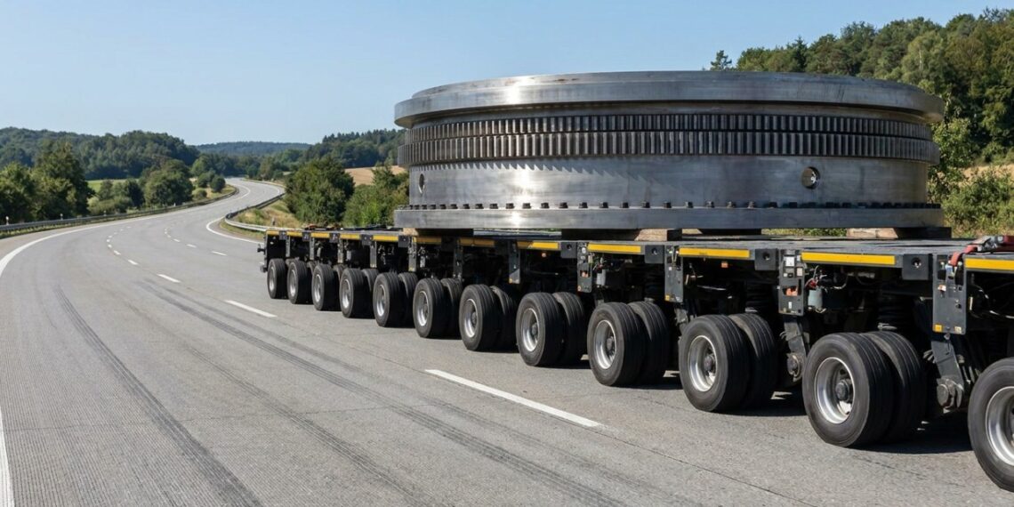 O veículo de 152 rodas que ganhou notoriedade por transportar uma peça enorme de tuneladora, também funciona como uma autêntica obra de engenharia em movimento