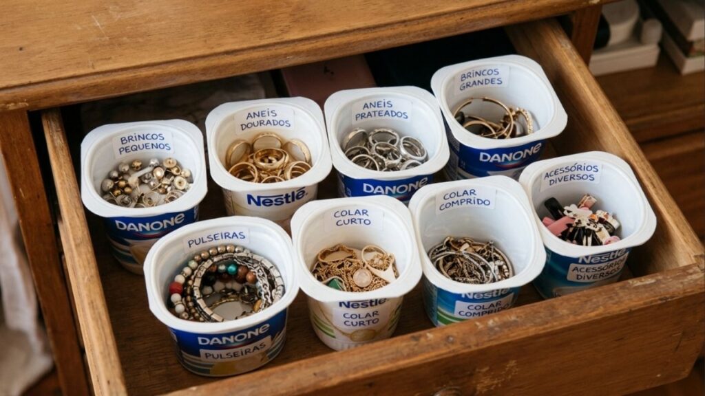 Não jogue os potes de iogurte vazios fora: ideias para reutilizar esses recipientes para organizar bijuterias, brincos e anéis na gaveta do quarto