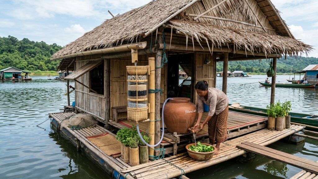 Aldeia flutuante de bambu mostra vida fora da rede