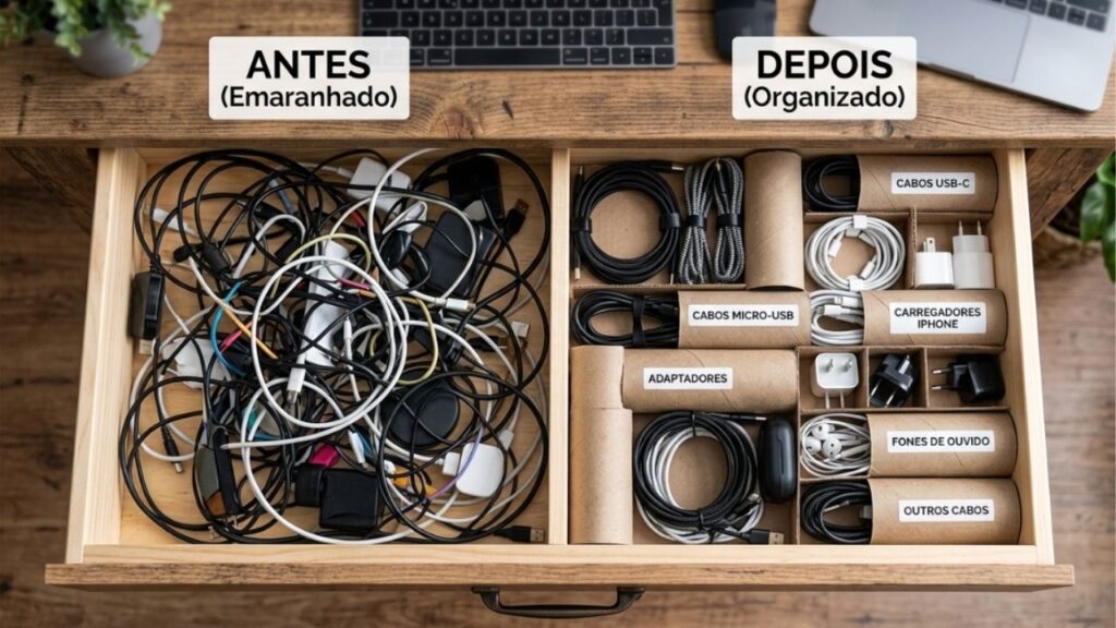 Não jogue os rolos de papel toalha vazios fora! Ideias para reutilizar esses tubos para organizar cabos e fios elétricos na gaveta de casa