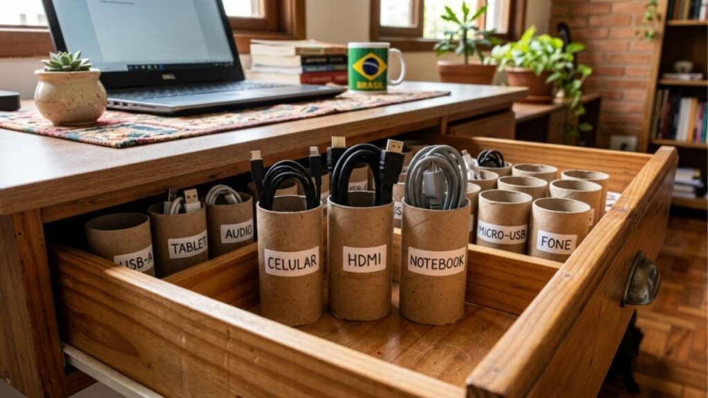 Não jogue os rolos de papel toalha vazios fora! Ideias para reutilizar esses tubos para organizar cabos e fios elétricos na gaveta de casa