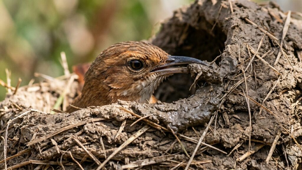 Esse pássaro joão-de-barro ganhou fama entre os biólogos por sua habilidade em construir estruturas robustas no Cerrado e por usar sua orientação contra ventos fortes para proteger seus filhotes