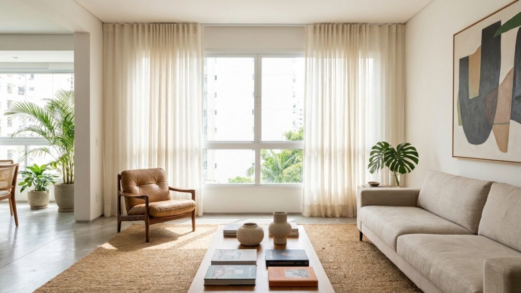 Adeus às cortinas pesadas com bandô: qual a tendência de tecidos leves e naturais para substituí-las na sala em 2026?