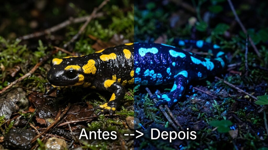 Cientistas descobriram que a salamandra de fogo, conhecida pelas cores preta e amarela, também consegue emitir uma luz azul-turquesa quando está no escuro