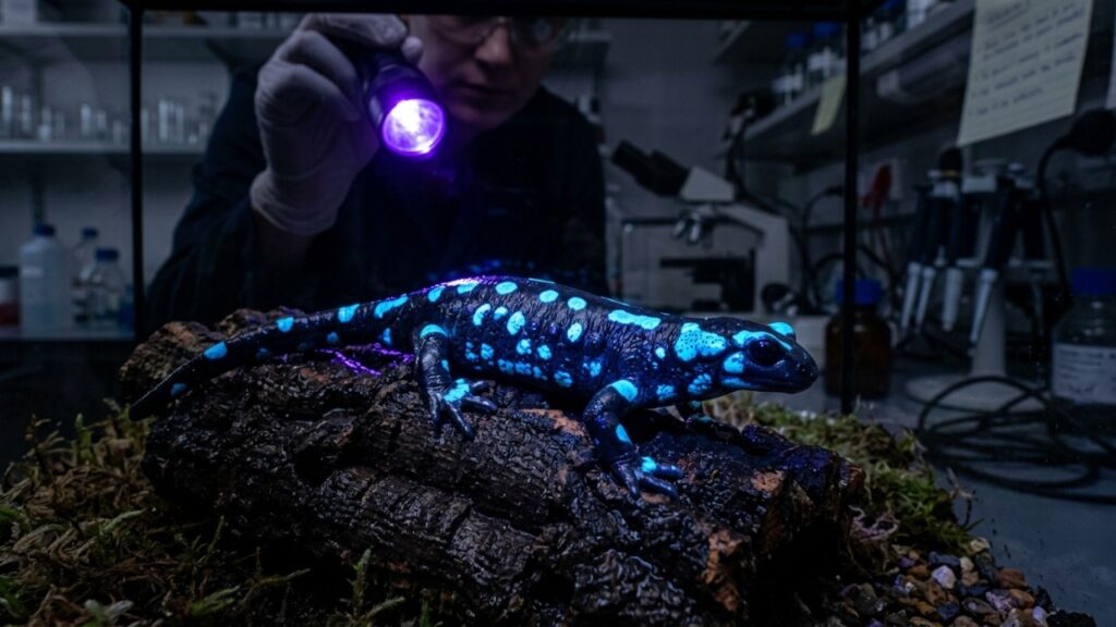 Cientistas descobriram que a salamandra de fogo, conhecida pelas cores preta e amarela, também consegue emitir uma luz azul-turquesa quando está no escuro