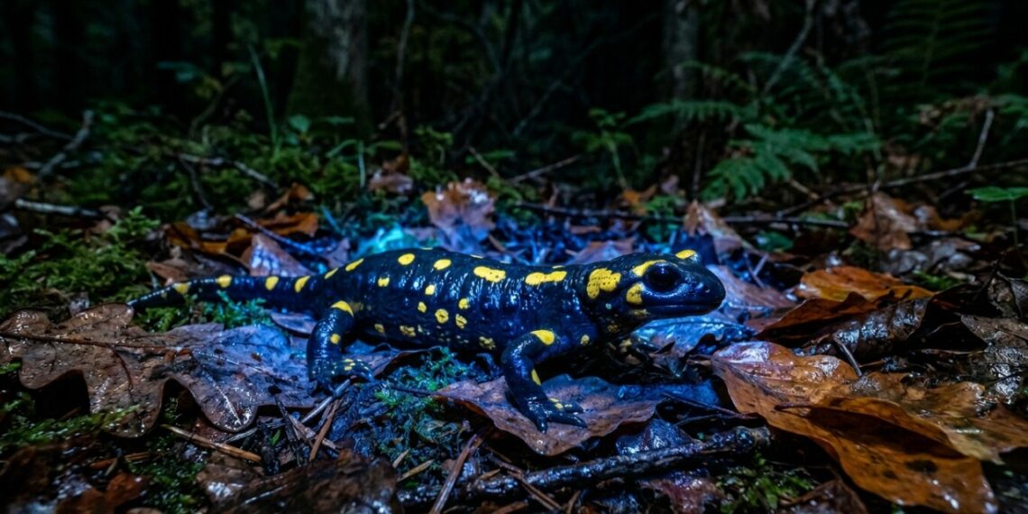 Cientistas descobriram que a salamandra de fogo, conhecida pelas cores preta e amarela, também consegue emitir uma luz azul-turquesa quando está no escuro